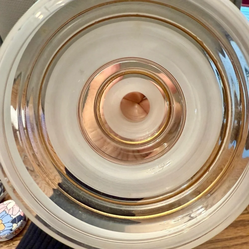 Elegant mid-century clear and frosted glass jar with gold accents.